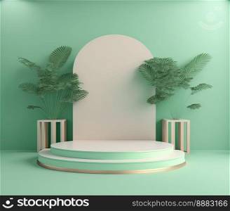 realistic 3d rendering illustration of pastel green podium with leaf around for product presentation