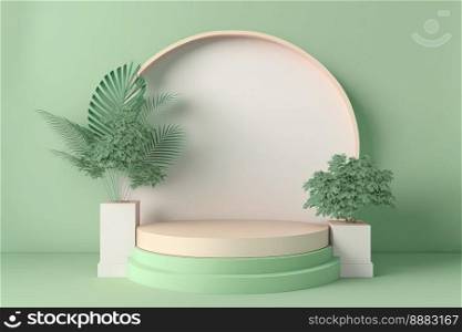 realistic 3d rendering illustration of pastel green podium with leaf around for product promotion