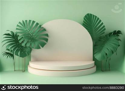realistic 3d rendering illustration of pastel green podium with leaf around for product scene