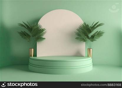 realistic 3d rendering illustration of pastel green podium with leaf around for product showcase