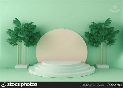 realistic 3d rendering illustration of pastel green podium with leaf around for product stage