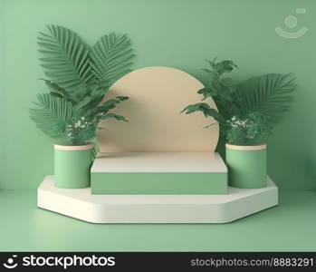 realistic 3d rendering illustration of pastel green podium with leaf around for product stand