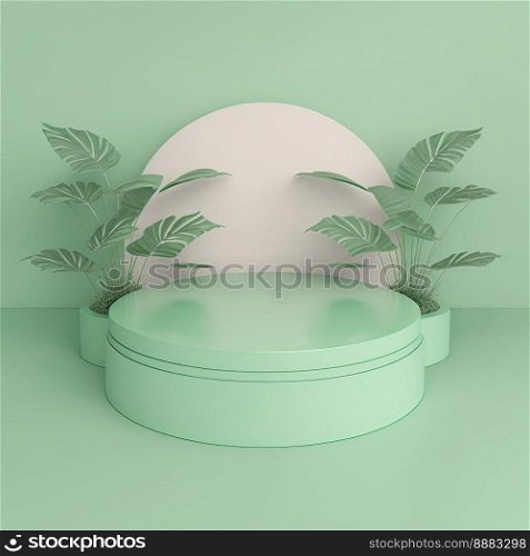realistic 3d rendering illustration of pastel green podium with leaf decoration for product display