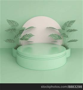 realistic 3d rendering illustration of pastel green podium with leaf decoration for product display