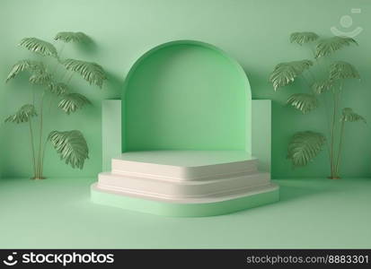 realistic 3d rendering illustration of pastel green podium with leaf decoration for product podium