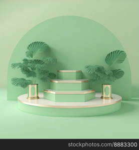 realistic 3d rendering illustration of pastel green podium with leaf decoration for product promotion