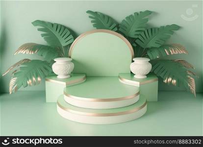 realistic 3d rendering illustration of pastel green podium with leaf decoration for product scene