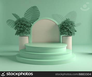 realistic 3d rendering illustration of pastel green podium with leaf decoration for product stand