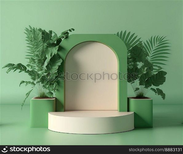 realistic 3d rendering illustration of pastel green podium with leaves around for product presentation