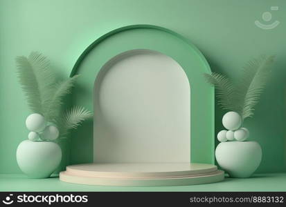 realistic 3d rendering illustration of pastel green podium with leaves around for product promotion