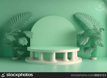 realistic 3d rendering illustration of pastel green podium with leaves around for product showcase