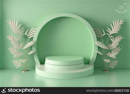realistic 3d rendering illustration of pastel green podium with leaves around for product stage