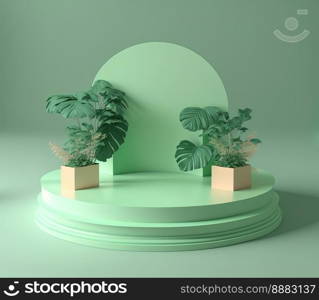 realistic 3d rendering illustration of pastel green podium with leaves around for product stand