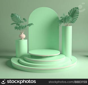 realistic 3d rendering illustration of soft green podium with leaf around for product promotion