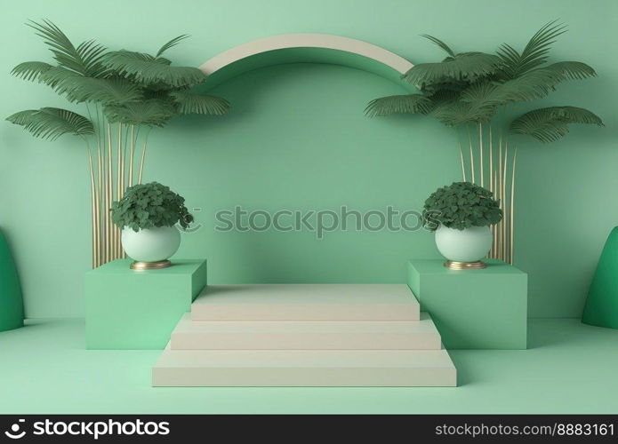 realistic 3d rendering illustration of soft green podium with leaf around for product scene