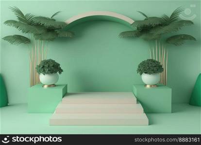 realistic 3d rendering illustration of soft green podium with leaf around for product scene