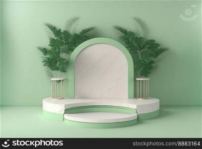 realistic 3d rendering illustration of soft green podium with leaf around for product stage