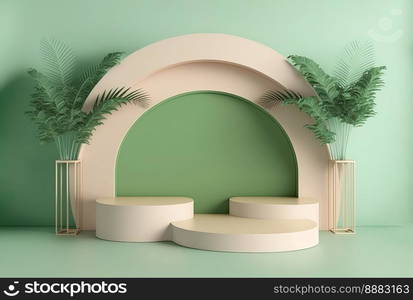 realistic 3d rendering illustration of soft green podium with leaf around for product stand