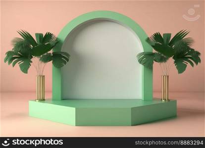 realistic 3d rendering illustration of soft green podium with leaf decoration for product podium