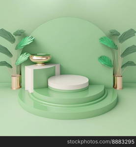 realistic 3d rendering illustration of soft green podium with leaf decoration for product scene