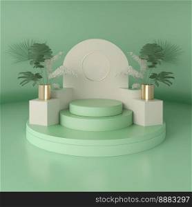 realistic 3d rendering illustration of soft green podium with leaf decoration for product stage