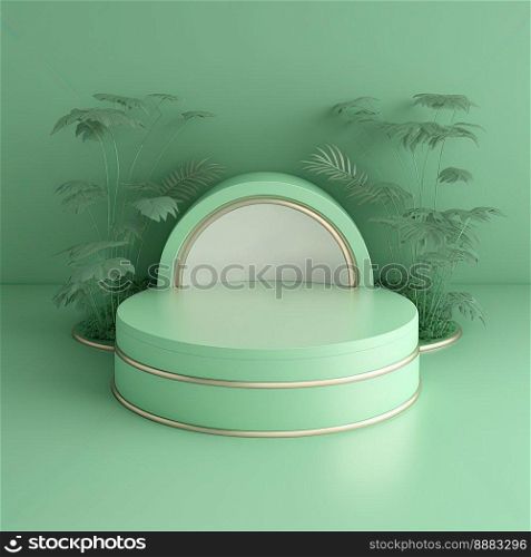 realistic 3d rendering illustration of soft green podium with leaf decoration for product stand