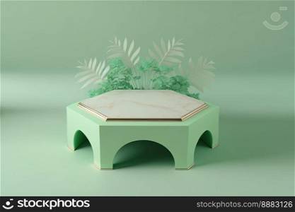 realistic 3d rendering illustration of soft green podium with leaves around for product scene