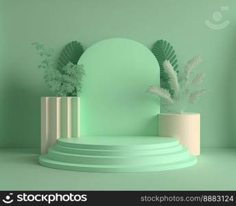 realistic 3d rendering illustration of soft green podium with leaves around for product showcase