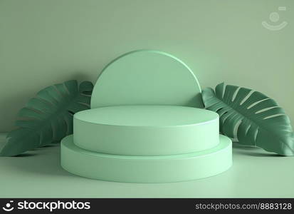 realistic 3d rendering illustration of soft green podium with leaves around for product stage