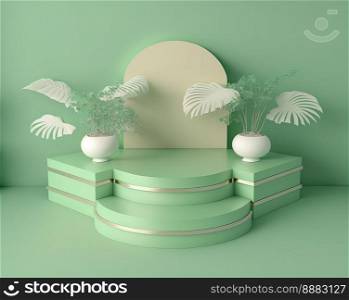 realistic 3d rendering illustration of soft green podium with leaves around for product stand