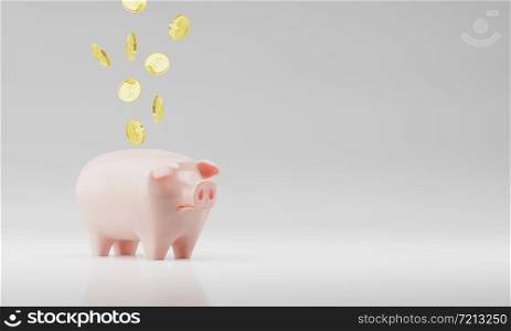Realistic 3d rendering Pink Ceramics Piggy Bank and Floating Coins Isolated on White Background. Design Template of Money Pig for Graphics, Banners. Money, Financial, Savings,
