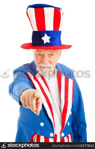 Realistic American Uncle Sam pointing at the camera in the classic pose. Isolated on white.