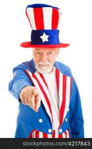 Realistic American Uncle Sam pointing at the camera in the classic pose. Isolated on white.