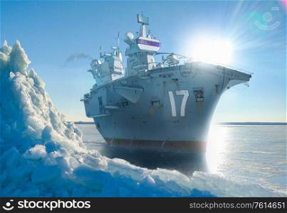 Realistic and detailed raster illustration of a giant warship (aircraft carrier) at the frosted cold sea. Background photo has taken from my archive.