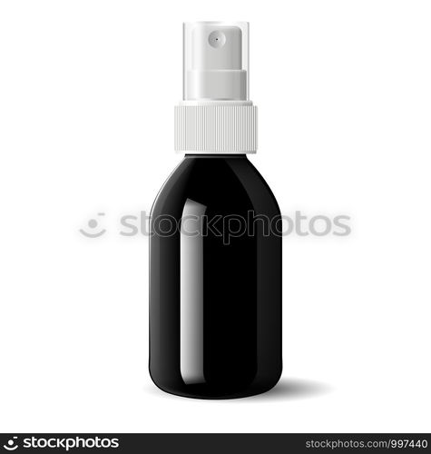 Realistic black glossy glass or plastic Cosmetic bottle can sprayer container. Dispenser cockup template for cream, soups, and other cosmetics or medical products. Vector illustration.. Glossy glass, plastic Cosmetic bottle sprayer vial