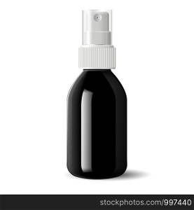 Realistic black glossy glass or plastic Cosmetic bottle can sprayer container. Dispenser cockup template for cream, soups, and other cosmetics or medical products. Vector illustration.. Glossy glass, plastic Cosmetic bottle sprayer vial