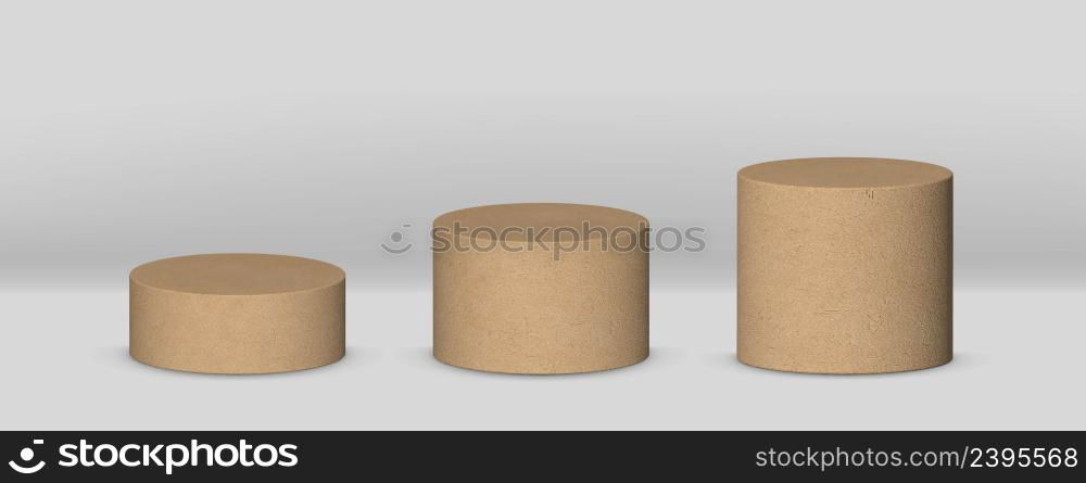 Realistic cardboard paper 3d cylinder. Cardboard paper column 3d. Realistic pedestal isolated on grey. . Realistic cardboard paper 3d cylinder stand isolated on grey background.