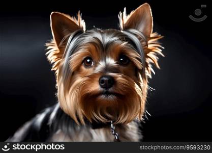 realistic close portrait of yorkshire terrier on black background in photo studio