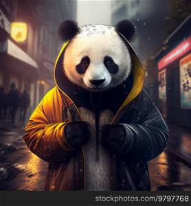 Realistic Cute Panda in Street Wear on The Street of Big City.