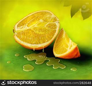 Realistic digital painting of orange on dark green background with juice dropping from it.. Digital Painting of Orange Fruit on Dark Green Background
