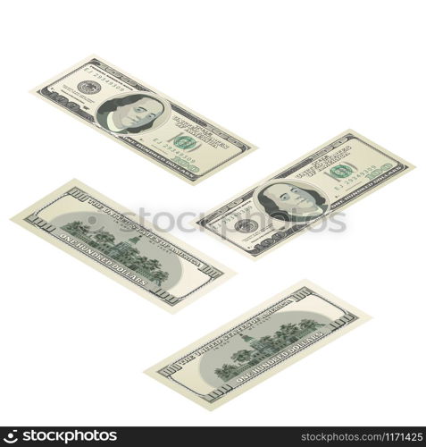 Realistic dummy one hundred USA dollars banknote, front and back detailed coupure in isometric view isolated on white. Realistic dummy one hundred USA dollars banknote, front and back detailed coupure in isometric view on white