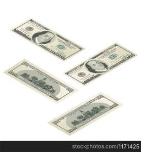 Realistic dummy one hundred USA dollars banknote, front and back detailed coupure in isometric view isolated on white. Realistic dummy one hundred USA dollars banknote, front and back detailed coupure in isometric view on white
