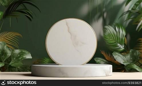 Realistic empty podium with leaves. Marble podium. Product presentation, mock up, show cosmetic product.