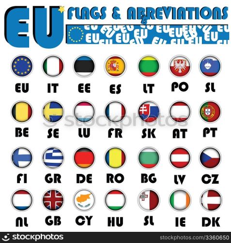 Realistic European Union flags buttons with country abbreviations