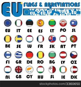 Realistic European Union flags buttons with country abbreviations