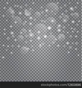 Realistic falling snowflakes. White christmas sparkles on background. Sparkling, glowing texture with highlights. Xmas or new year for party, poster, flyer.. Realistic falling snowflakes. White christmas sparkles on background. Sparkling, glowing texture with highlights.