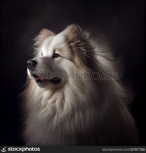 Realistic Fluffu Dog Portrait on Black Background