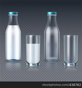 Realistic glass bottles and glasses with milk vector templates isolated. Drink milk container, fresh and dairy beverage for breakfast illustration. Realistic glass bottles and glasses with milk vector templates isolated