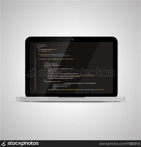 Realistic glossy laptop with simple website HTML code on dark background. Realistic glossy laptop with simple website HTML code on dark