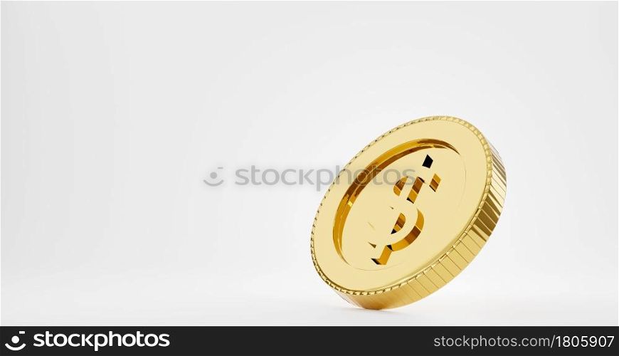 Realistic gold coin dollar sign, golden money one coin isolated on white background, 3D rendering illustration